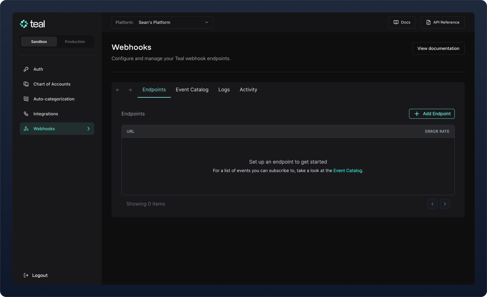 A screenshot showing the webhooks dashboard